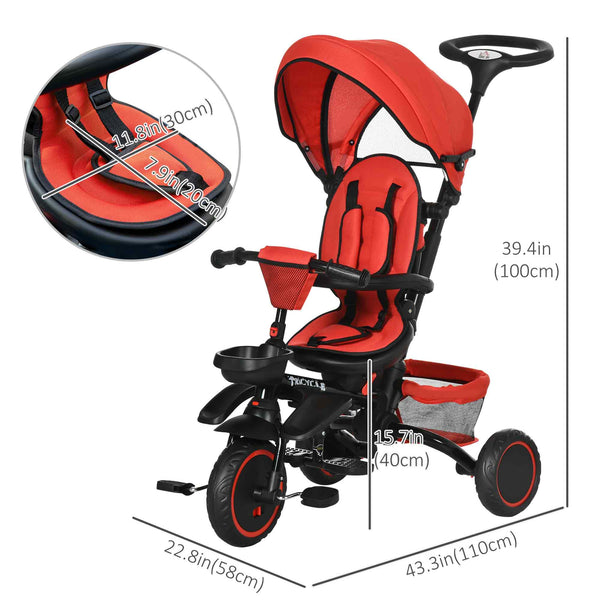 6-in-1 Folding Tricycle with Adjustable Seat, Safety Harness, Removable Canopy, Red
