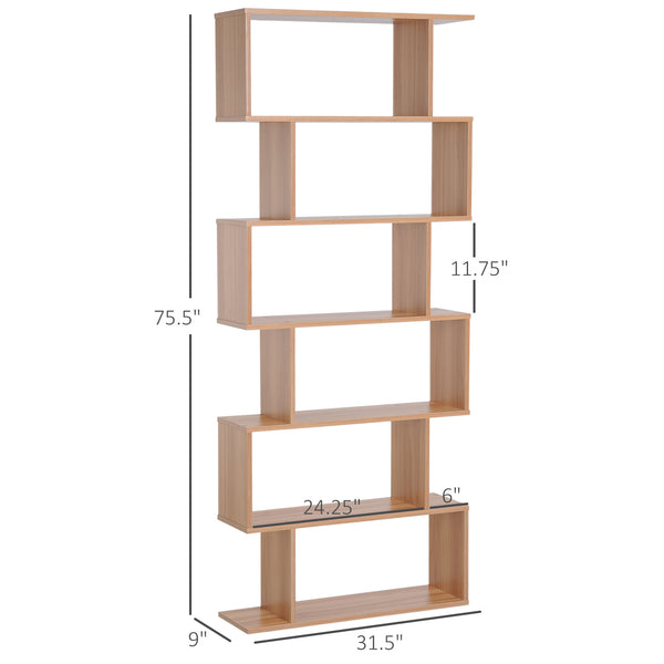 6-Tier S-Shaped Geometric Wooden Bookcase, Maple