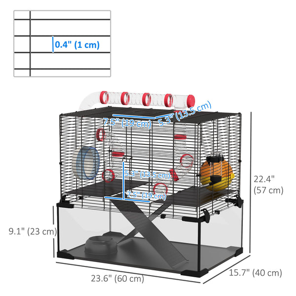 Cage with deep glass bottom, tunnel system, platforms and nest box