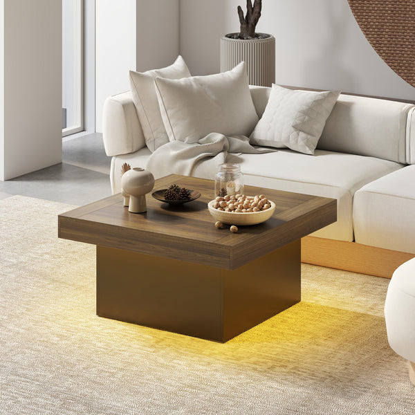 Square coffee table with 16-color LED lighting, walnut
