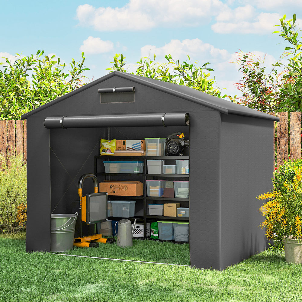 Waterproof portable garden shed with roll-up zip door, dark grey