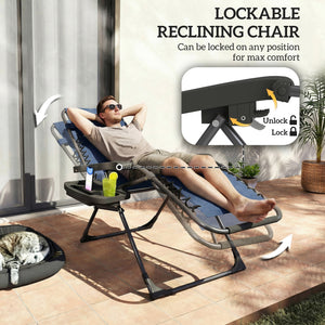 Set of 2 Zero Gravity Outdoor Lounge Chairs, Folding and Reclining, with Cup Holder and Headrest, Dark Blue