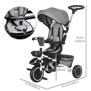 6-in-1 Folding Tricycle with Adjustable Seat, Safety Harness, Removable Canopy, Grey