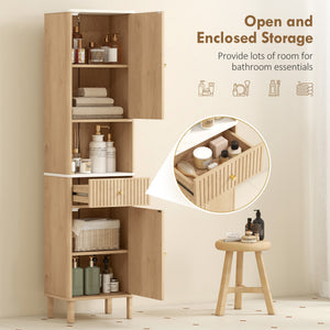 Oak-effect tall bathroom cabinet with 2 cupboards, drawer and open shelf, Oak effect