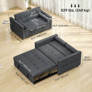 Dark grey two-seater linen trundle sofa bed with USB ports