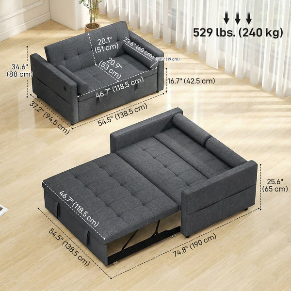 Dark grey two-seater linen trundle sofa bed with USB ports