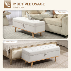 Storage Ottoman Bench with Lift-Up Lid and Wooden Legs, Cream White