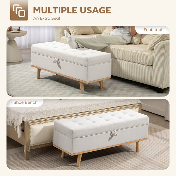 Storage Ottoman Bench with Lift-Up Lid and Wooden Legs, Cream White