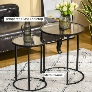 Set of 2 round side tables with tempered glass top, black
