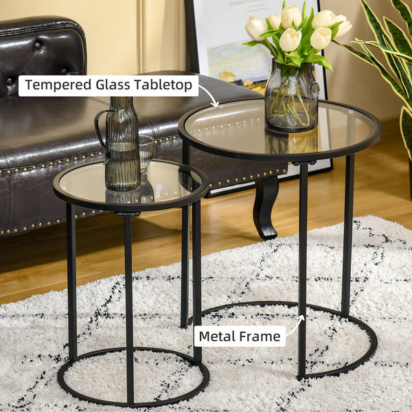 Set of 2 round side tables with tempered glass top, black