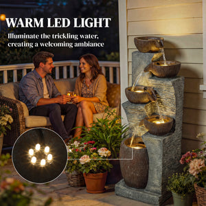 Outdoor cascading stone fountain, 5 tiers, LED lighting, adjustable flow, rustic gray and brown