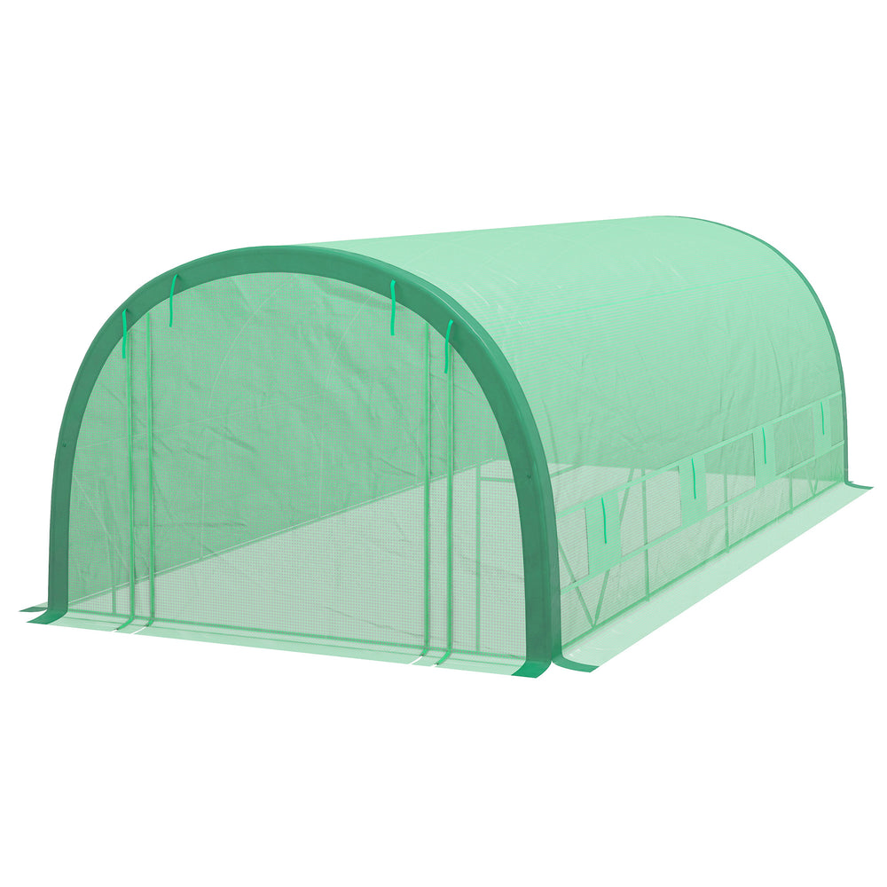 Improved tunnel greenhouse with wind resistance, mesh door and windows, green