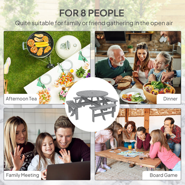 8-seater round wooden picnic table and bench