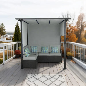 Wicker resin furniture set with retractable pergola, grey
