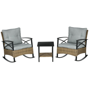 Set of 3 Synthetic Rattan Rocking Chairs with Two-Tier Table and Padded Cushions, Grey