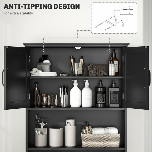 Modern over-the-bathroom storage unit with open shelves and double-door cabinet, black