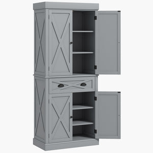 Storage unit with 4 doors, drawer and adjustable shelves, gray