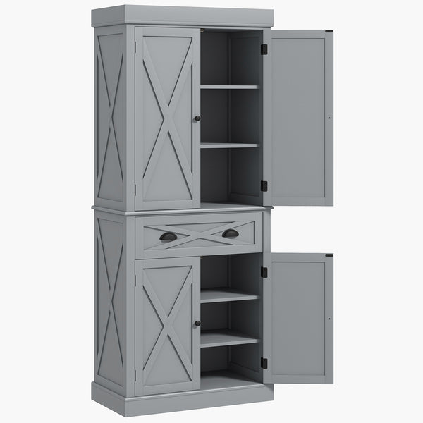 Storage unit with 4 doors, drawer and adjustable shelves, gray