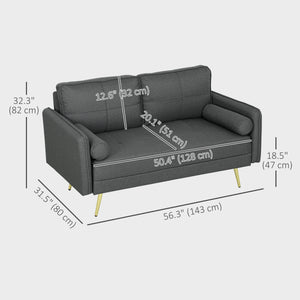 2 seater upholstered sofa with back cushions and pillows, dark grey