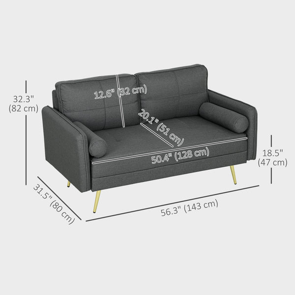 2 seater upholstered sofa with back cushions and pillows, dark grey