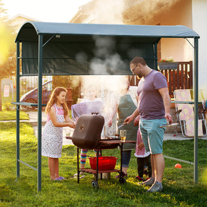 Barbecue gazebo with metal frame, 2 shelves and 5 hooks, grey