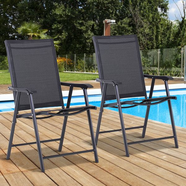 Deux chaises pliantes noires pour terrasse avec accoudoirs, design compact et confortable pour l'extérieur