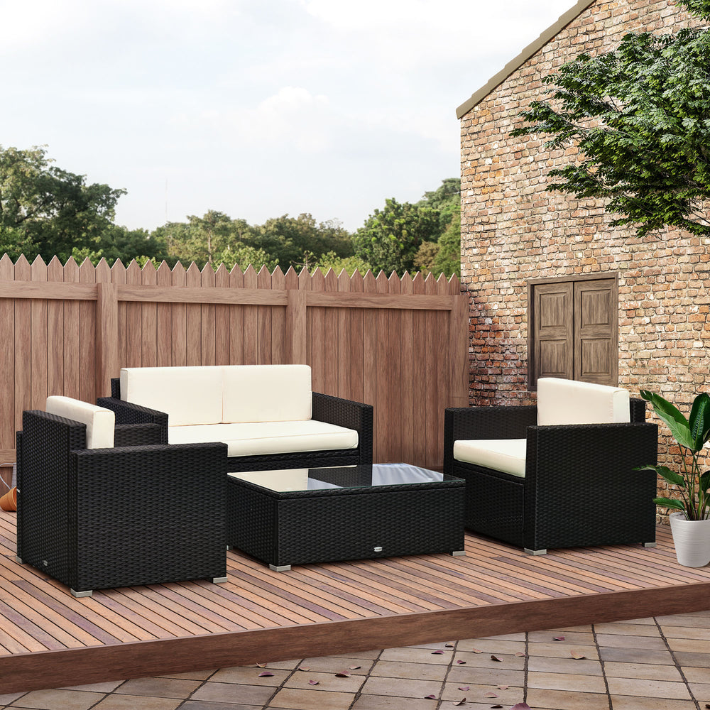 Ensemble de mobilier d’extérieur 4 pièces en rotin et osier couleur café, avec coussins confortables et sectionnel de luxe, idéal pour terrasse élégante