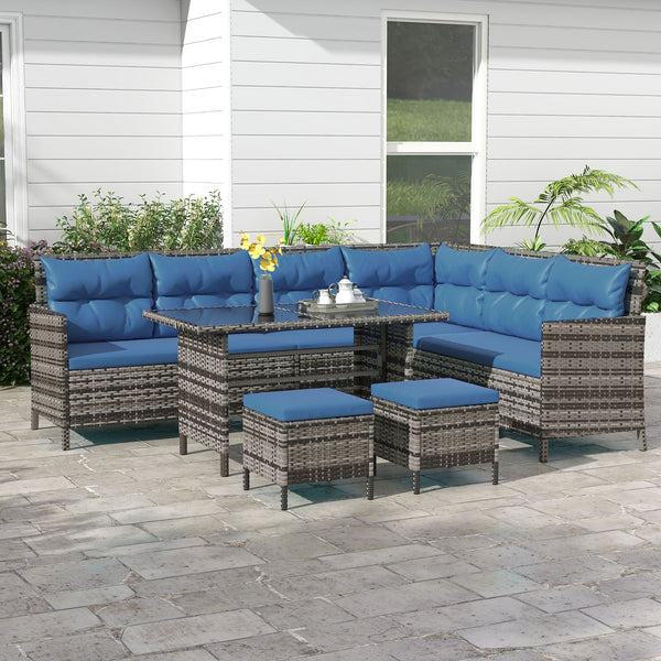 Ensemble de jardin 6 pièces en rotin bleu comprenant canapés, table à manger et chaises, parfait pour repas en plein air sur terrasse ou patio