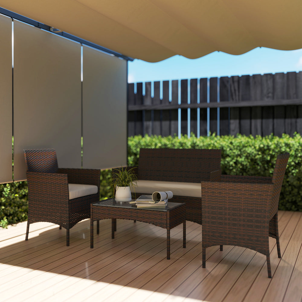 Mobilier de jardin 4 pièces en osier beige avec causeuse, deux fauteuils et table basse en verre trempé