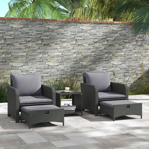Ensemble de mobilier de jardin 5 pièces en rotin gris avec poufs et table basse à double niveau, pour terrasse ou patio moderne
