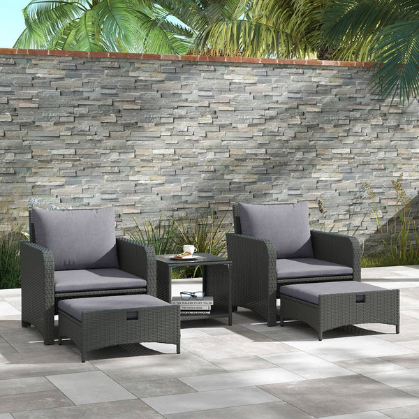 Ensemble de mobilier de jardin 5 pièces en rotin gris avec poufs et table basse à double niveau, pour terrasse ou patio moderne