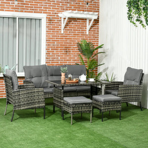 Ensemble de meubles de jardin 6 pièces gris incluant canapé, chaises, poufs, table avec plateau en verre et coussins, idéal pour espace extérieur moderne

