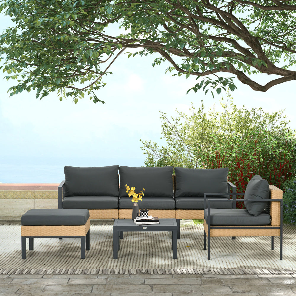 Ensemble de jardin 6 pièces en osier tressé comprenant canapé, fauteuil, tabouret, table basse et coussins, idéal pour aménagement extérieur