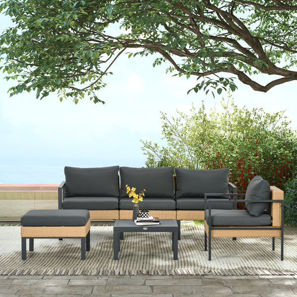 Ensemble de jardin 6 pièces en osier tressé comprenant canapé, fauteuil, tabouret, table basse et coussins, idéal pour aménagement extérieur