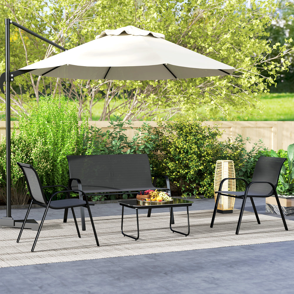 Salon de jardin 4 pièces noir avec deux chaises empilables, une causeuse et une table basse en verre pour terrasse ou balcon