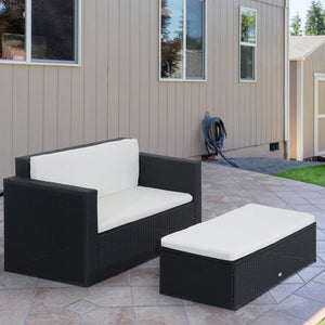 Ensemble de salon extérieur 2 pièces en osier blanc crème comprenant une causeuse et un pouf deux places, parfait pour terrasse ou balcon

