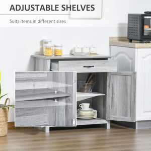 Farmhouse style buffet with barn-style sliding doors, distressed gray finish