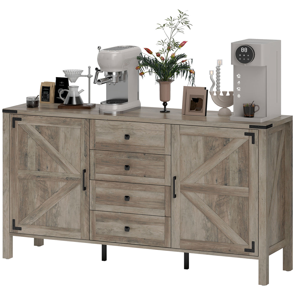 Country style sideboard with thick top, 2 barn doors, 4 drawers and 2 adjustable shelves, gray