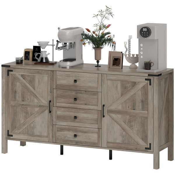 Country style sideboard with thick top, 2 barn doors, 4 drawers and 2 adjustable shelves, gray