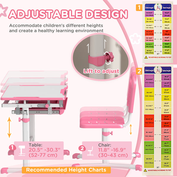 Height Adjustable Study Table and Chair Set with Drawer, Pink