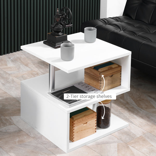 S-shaped wooden table with 3 storage shelves, white
