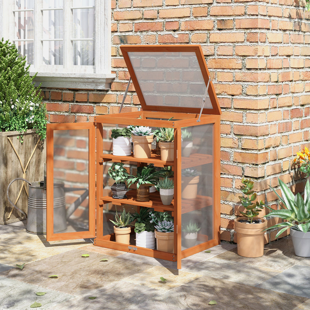 Portable 2-tier wooden greenhouse, polycarbonate cold frame