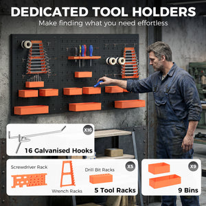 Wall-mounted tool organizer with 3 panels, 9 bins, 5 holders, and 16 hooks – Black and orange