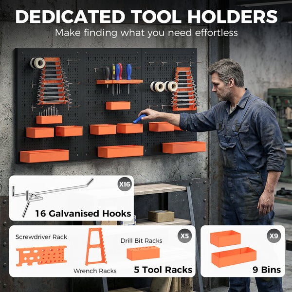 Wall-mounted tool organizer with 3 panels, 9 bins, 5 holders, and 16 hooks – Black and orange