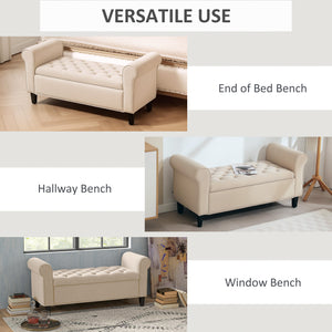 Ottoman storage bench, button-tufted seat and rolled arms – Beige