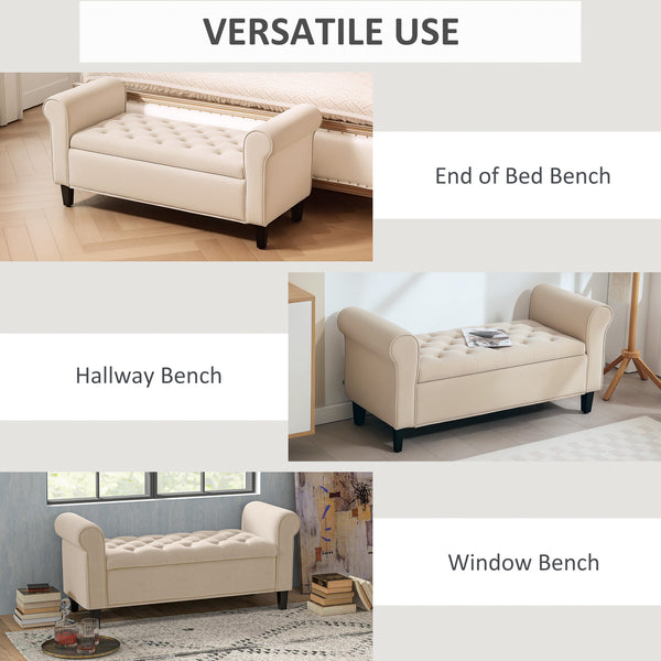 Ottoman storage bench, button-tufted seat and rolled arms – Beige