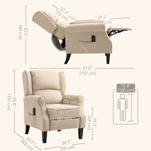 Reclining massage armchair with extendable footrest, wooden legs, remote control, side pockets, beige