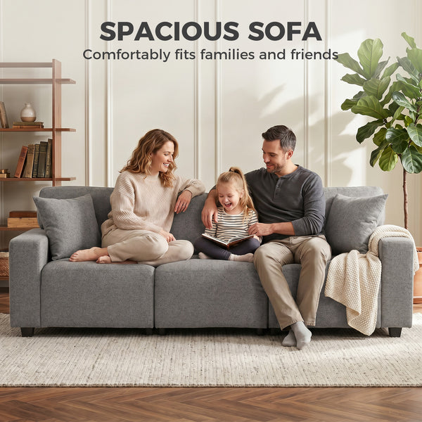 3-seater sofa with storage pockets, modern upholstered with pocket springs, gray