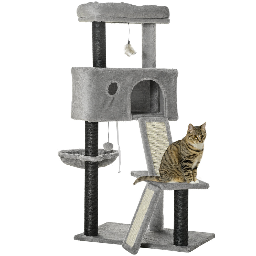 47" Cat Tree with Ramp, Hammock, Hanging Toys, Sisal Rope Scratching Post, Light Grey