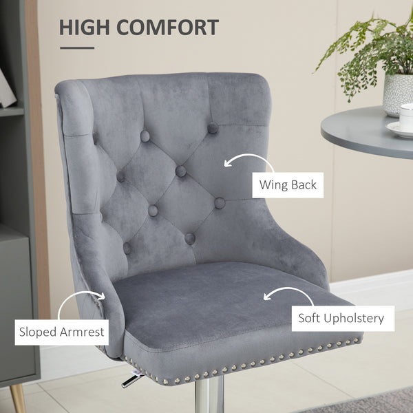 Set of 2 modern adjustable bar stools in velvet, grey